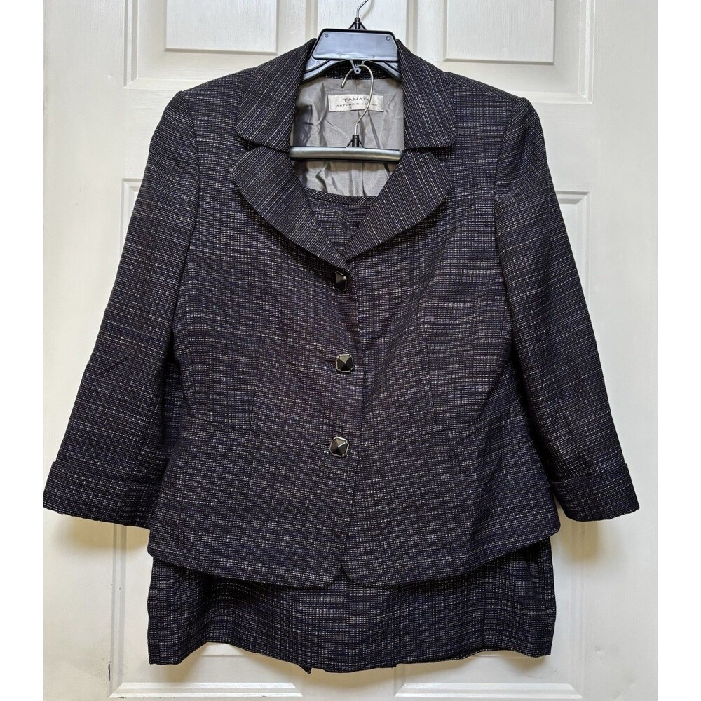 TAHARI SKIRT SUIT 2 PIECE SIZE 12 NAVY/WHITE 3 BUTTONS 3/4 SLEEVE TEXTURED CAREE